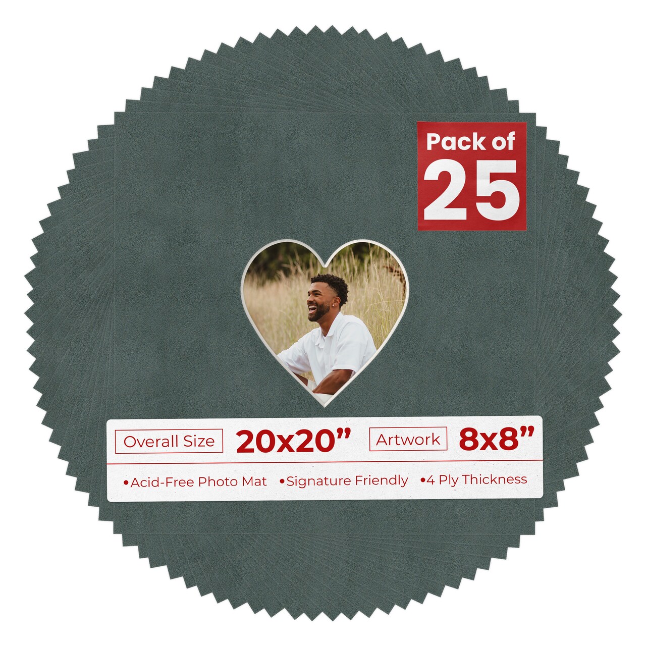 Dark Grey Suede Mat Board for 20x20 Frames - Heart Opening for 8x8 Photos